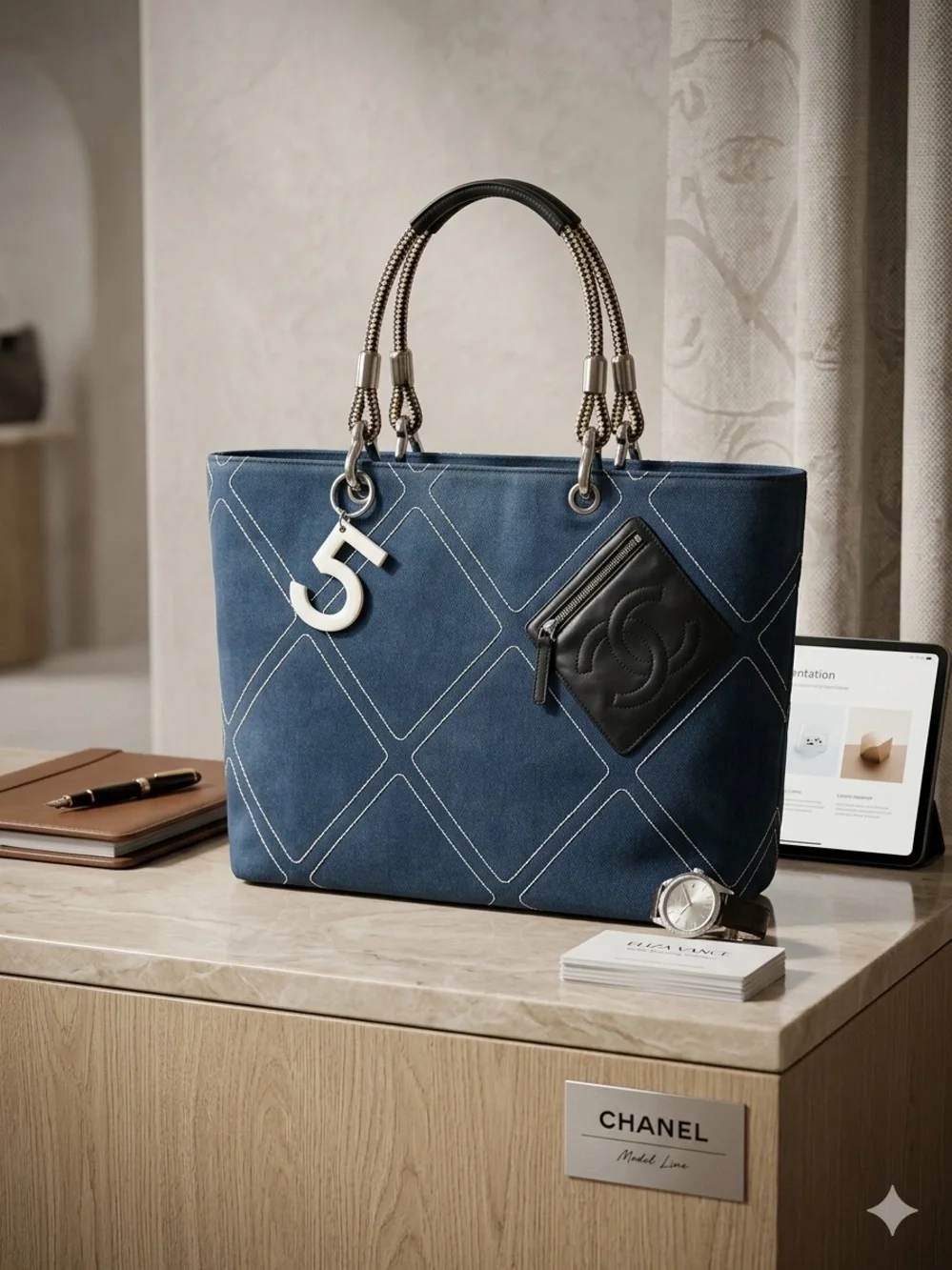 Chanel Navy Blue Tote with Number 5 Charm and Black Leather Pocket